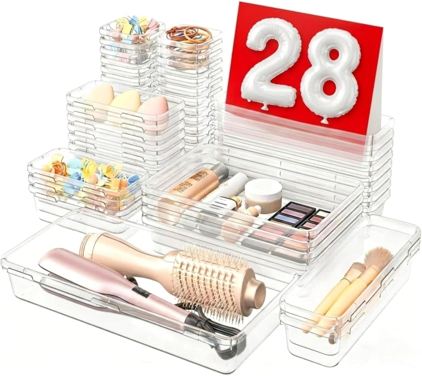 A-LuGei 【Military Grade】 Drawer Organizer,【𝟱𝗦𝗶𝘇𝗲】 Makeup organizer,【Holds 177 Items】 Bathroom Organizers and Storage,Organization and Storage,Desk Drawer Organizer for Vanity【Clear】