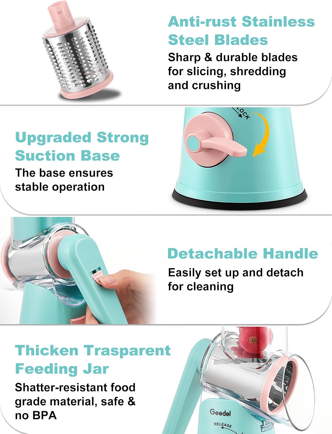 Geedel Rotary Cheese Grater, Kitchen Mandoline Vegetable Slicer with 3 Interchangeable Blades, Easy to Clean Rotary Grater Slicer for Cheese, Vegetables, Nuts