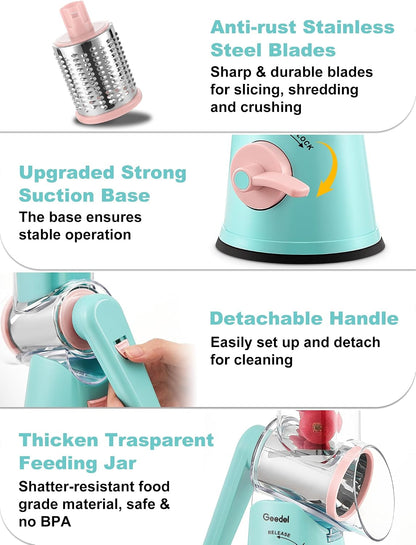 Geedel Rotary Cheese Grater, Kitchen Mandoline Vegetable Slicer with 3 Interchangeable Blades, Easy to Clean Rotary Grater Slicer for Cheese, Vegetables, Nuts