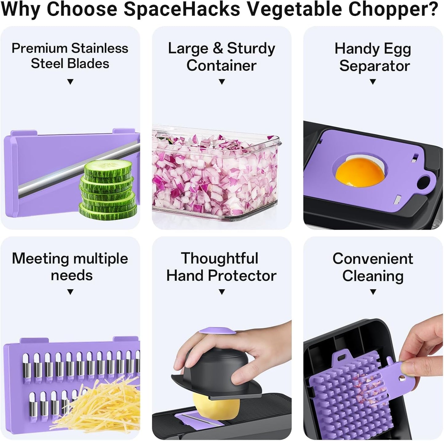 SpaceHacks 12-in-1 Vegetable Chopper, Kitchen Gadgets with 7 Blades, Veggie, Food, Onion Chopper, Cucumber Slicer, Versatile Mandoline, Includes Egg Separator & Finger Guard, Gray