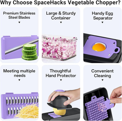 SpaceHacks 12-in-1 Vegetable Chopper, Kitchen Gadgets with 7 Blades, Veggie, Food, Onion Chopper, Cucumber Slicer, Versatile Mandoline, Includes Egg Separator & Finger Guard, Gray