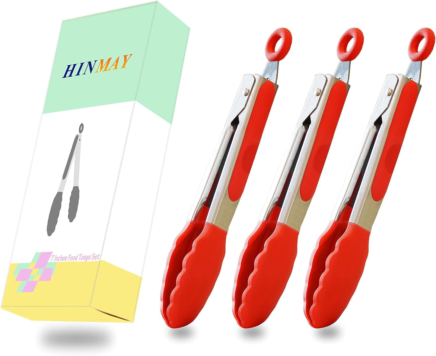 HINMAY Small Silicone Tongs 7-Inch Mini Serving Tongs, Set of 3 (Black Gray White)