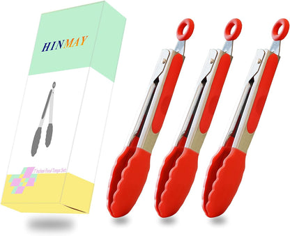 HINMAY Small Silicone Tongs 7-Inch Mini Serving Tongs, Set of 3 (Black Gray White)