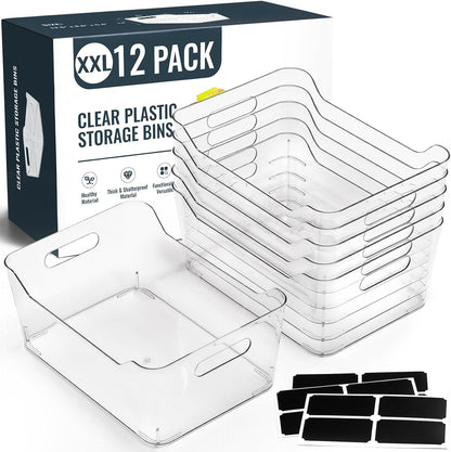 12 PACK Multi-Use Clear Plastic Storage Bins for Organizing w/Labels - Home, Kitchen, Pantry, Bathroom, Office, Cabinet Shelf Organizer Bins - SOHO Collection, RV, Fridge Organization Containers - L
