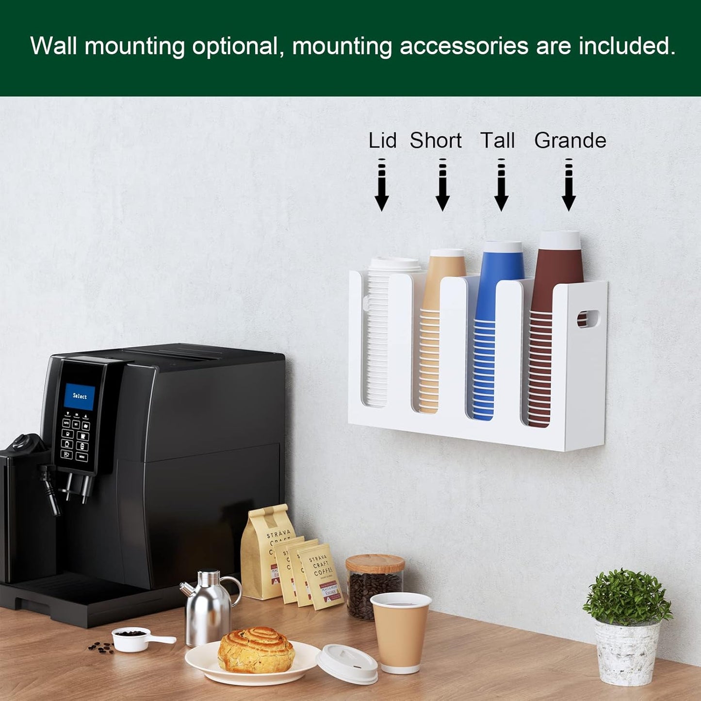 Disposable Coffee Cup Dispenser with Handles, Countertop or Wall Mount Hot/Cold Drink Cup and Lid Holder - Bathroom/Kitchen/Office Acrylic Cup Lid Storage Organizer (1 Compartment, Clear)