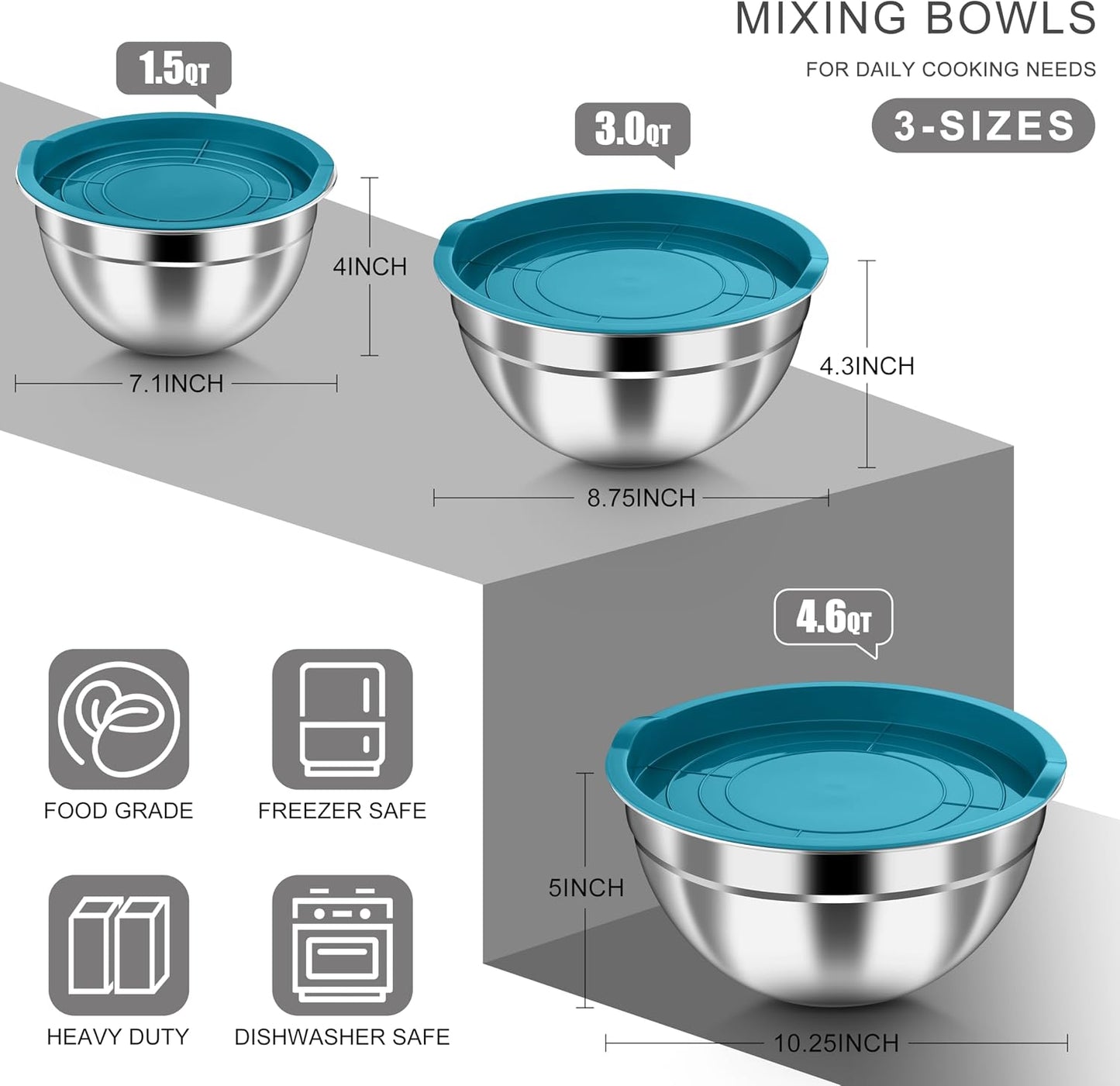 HaWare Mixing Bowls with Airtight Clear Lids, 6-Piece Stainless Steel Strong Nesting Bowls Set, Metal Salad Bowl for Cooking, Prepping, Baking, Serving & Food Storage, Size 4.6, 3, 1.5QT, Khaki