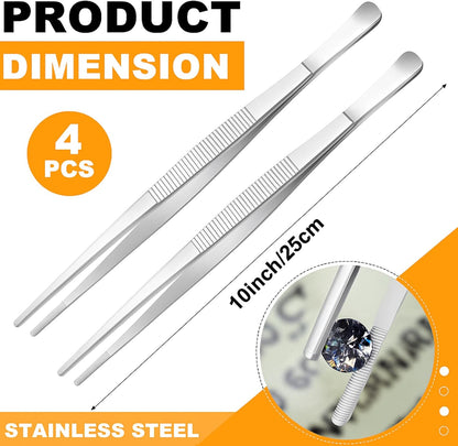 Yaomiao 4 Packs 12 Inch Bar Tweezers Silver Cocktail Tongs Long Garnish Tweezers Stainless Steel Bartender Kitchen Cooking Tongs for Cocktail Food Fruit Korean BBQ Bartender Chef, Multi-use