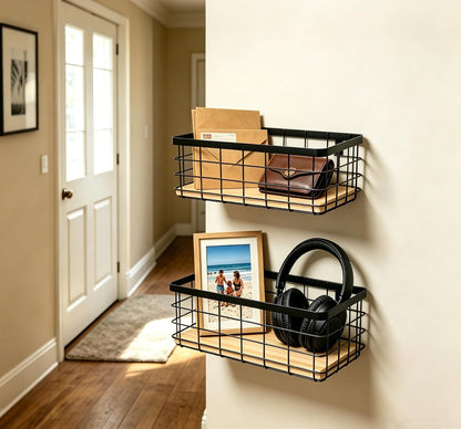 ShabbyDecor Metal Wire Basket with Handles Storage Organizer Stackable Organizing bin for Cabinet Shelf Countertop Under Sink Pantry for Kitchen,Bathroom,Laundry Closet, 1 Pack