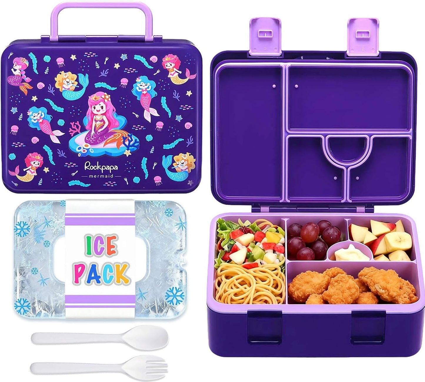 rockpapa Chill Bento Box for Kids- Large 5.5 Cups Lunch Box with Ice Pack - 5 Compartments, BPA-Free, Leak Proof, with Utensils & Portable Handle, Microwave/Dishwasher Safe (Purple Butterfly)