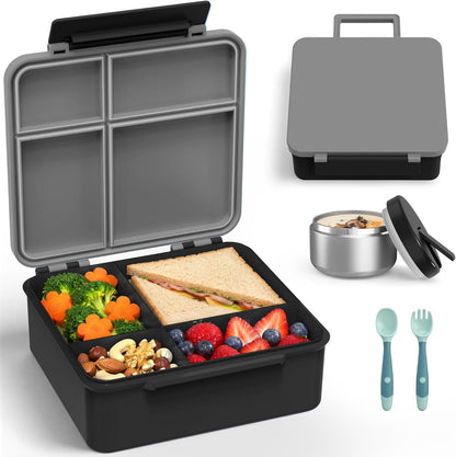 LOHASOK Bento Lunch Box Kids with 8oz Soup Thermo, Leak-Proof Lunch Containers with 4 Compartment, Thermo Hot Food Jar and Insulated Lunch Box for School Blue