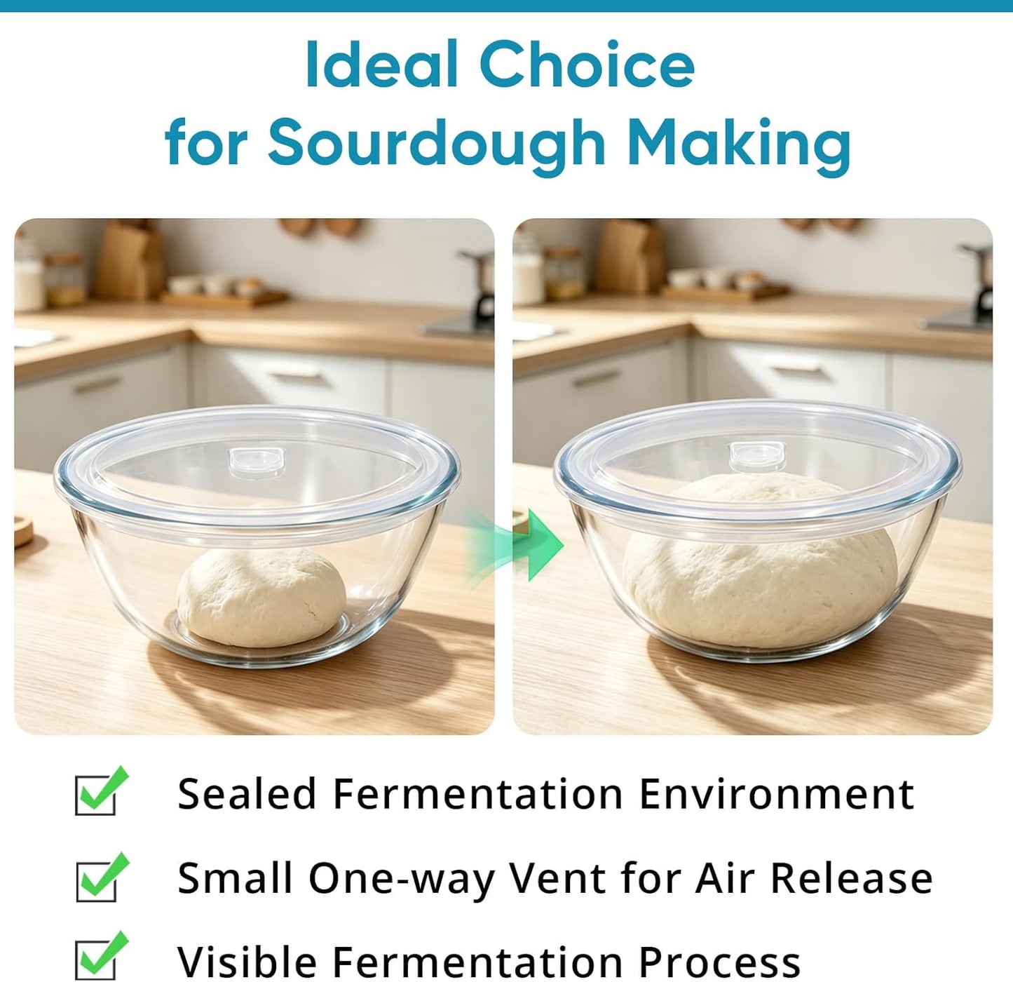 E-far Glass Mixing Bowl with Airtight Lid, 4.8QT Large Clear Glass Bowl for Salad, Sourdough Bread Making, Prep, Serving, Storage, Non-toxic & Leak-proof, Microwave, Dishwasher, Oven & Fridge Safe