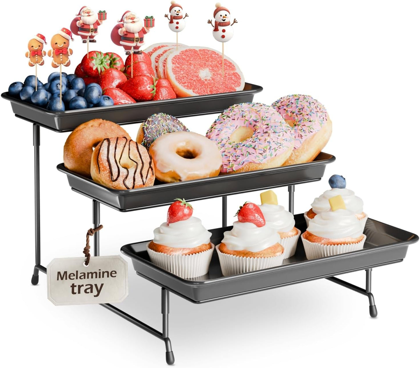 3-Tier Melamine Serving Tray Set, 11.5" x 5.6" Platters for Serving Food, Black Reusable Trays with Black Metal Display Stand for Cupcakes, Sevring Food, Dessert, Fruit, Cookie, Gold