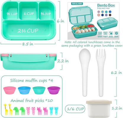 QQKO Bento Lunch Box for Kids Girls Boys, Toddler Kids Lunch Boxes for School, Lunch Containers for Adults with 4 Compartments, Sauce Container, Utensils, Food Picks and Muffin Cups, Purple