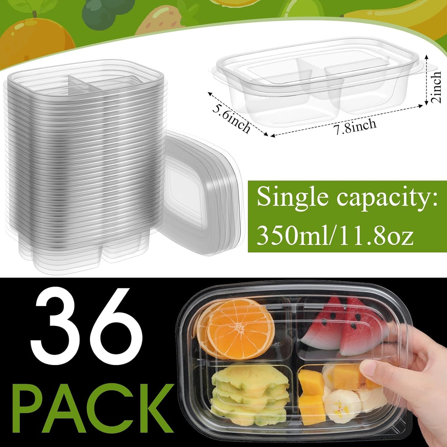 Chunful 36 Pcs 3 Compartment Transparent Snack Containers with Lids Disposable Bento Box Plastic Food Meal Prep Containers for Condiment Salad Dipping School Work Lunch