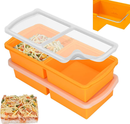 ZIP STANDING Silicone Freezer Trays with Lid,1-cup Soup Freezer Container large Ice Cube Molds with Reinforced Steel Ring Top for freezing Soup Sauce Broth Leftovers oven Dishwasher -Safe(2-Pack)