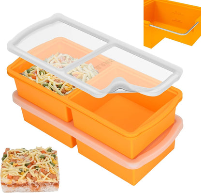 Zip Standing Silicone Freezer Trays with Lid,1-cup Soup Freezer Container large Ice Cube Molds with Reinforced Steel Ring Top for freezing Soup Sauce Broth Leftovers oven Dishwasher -Safe(2-Pack)