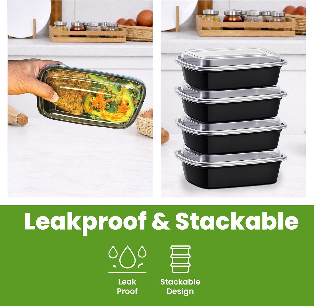 50 Pack (100-Piece) Meal Prep Containers with Lids, Reusable 2-Compartment Food Storage, Sturdy Leakproof, Food Safe, Microwave Freezer Dishwasher Safe, To-Go Takeout Plastic Containers – 60828
