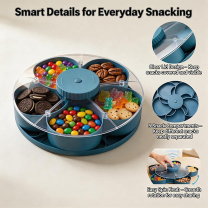 Snack Spinner with Lid, Rotating 5 Compartment Snack Tray for Fruit, Nuts, Candy and Appetizers, Divided Serving Container for Party, Family Night and Kitchen Counter (Blue)