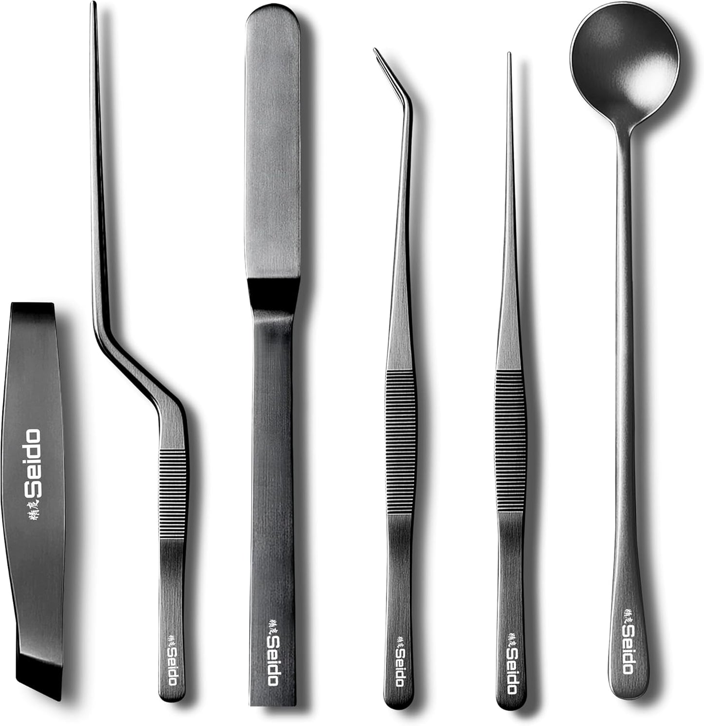 Seido 6-Piece Plating Tweezer Set – Professional Stainless Steel Culinary Tools with Non-Slip Grip, Straight & Curved Tweezers, Fish Bone Tweezer, Spatula, Tasting Spoon, Case Included