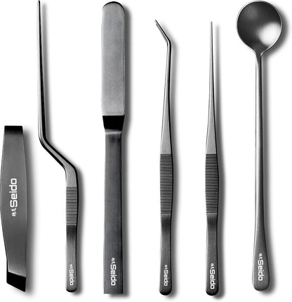 Seido 6-Piece Plating Tweezer Set – Professional Stainless Steel Culinary Tools with Non-Slip Grip, Straight & Curved Tweezers, Fish Bone Tweezer, Spatula, Tasting Spoon, Case Included