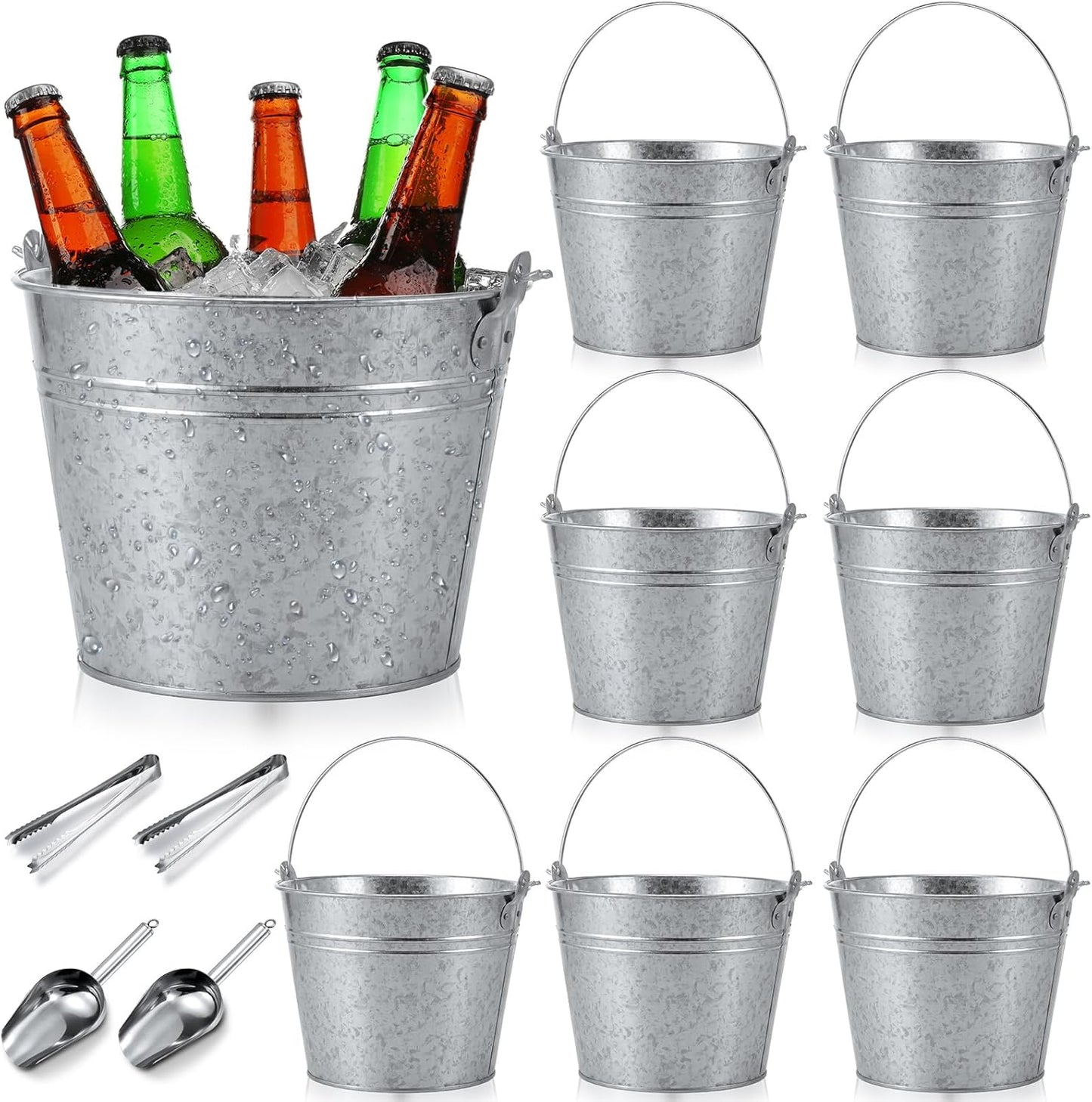 Zopeal 12 Pcs Galvanized Beer Bucket Set, Includes 8 Metal Ice Buckets 5qt with 2 Scoops & 2 Tongs, Round Slive Pails Bulk for Weddings Birthday Beach Pool Party Supplies Summer Table Centerpieces
