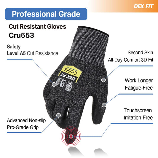 DEX FIT Level 5 Extreme Cut Resistant Gloves Cru553 Thin, Non-Slip Power Grip, Professional Grade 3D Comfort Fit, Thin & Lightweight, Breathable, Touchscreen Compatible, Itch-Free; Grey M (8)