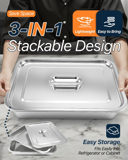Grilling Prep and Serve Trays with Lid, Stainless Steel Extra Large Grill Carry System, Deep Marinating Container with Cutting Board for BBQ Outdoor Grilling