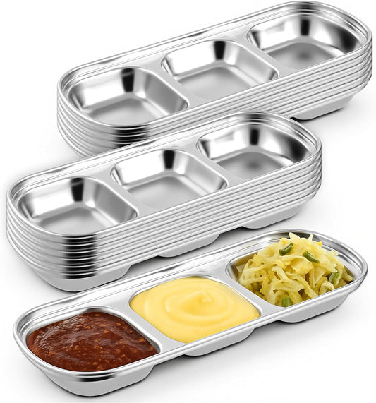 12 Packs Stainless Steel Divided Dip Bowls Soy Sauce Dishes, Divided Serving Tray Chip and Dip Serving Set, 3 Compartment Sauce Plate Seasoning Dipping Condiment Tray for BBQ Vinegar Spice Sugar