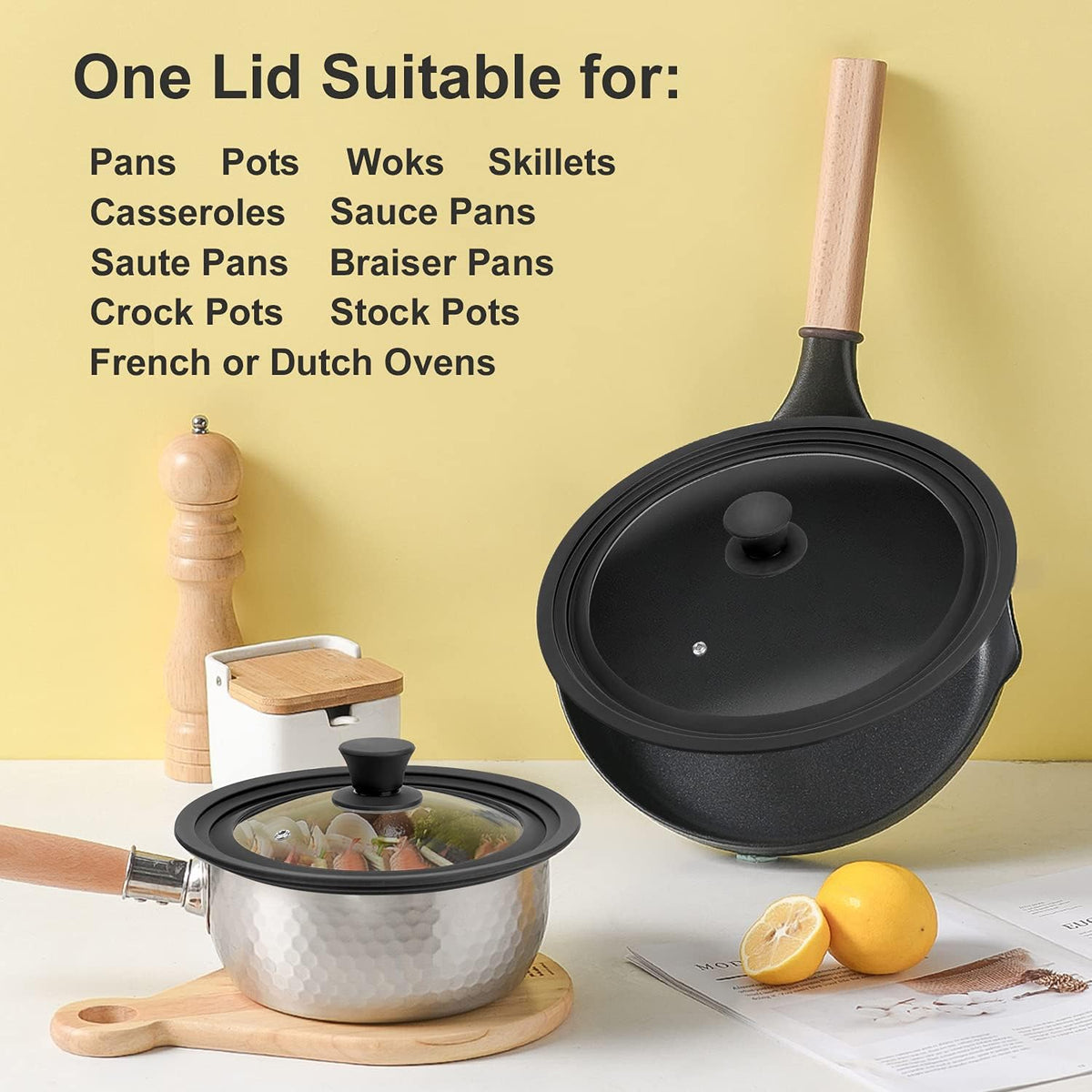 Universal Lid for Pots, Pans and Skillets - Tempered Glass Lid with Heat Resistant Silicone Rim Fits 10" - 12" Diameter Cookware, Replacement Lid for Frying Pan and Cast Iron Skillet(10"11"12")