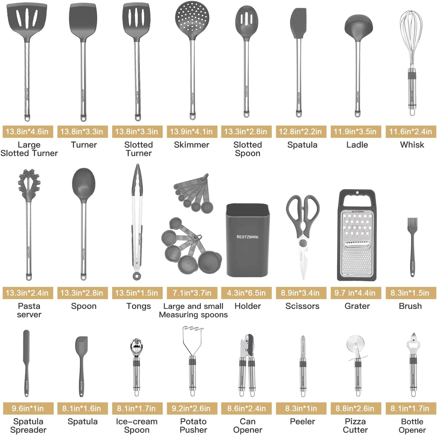 Kitchen Utensil Set-Silicone Cooking Utensils-33 Kitchen Gadgets & Spoons for Nonstick Cookware-Silicone and Stainless Steel Spatula Set-Best Kitchen Tools, Useful Pots (Khaki)