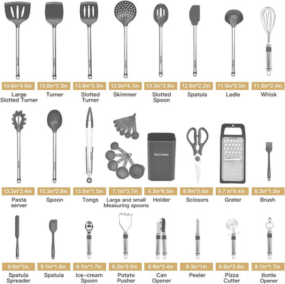 Kitchen Utensil Set-Silicone Cooking Utensils-33 Kitchen Gadgets & Spoons for Nonstick Cookware-Silicone and Stainless Steel Spatula Set-Best Kitchen Tools, Useful Pots (Khaki)