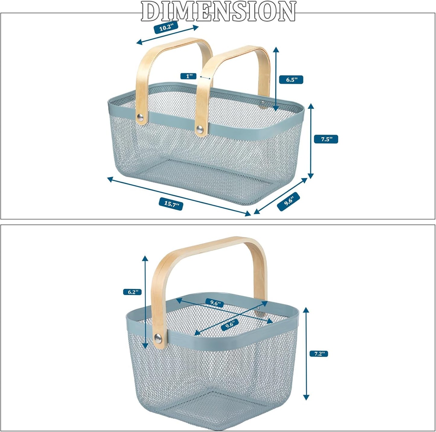 Coloful Metal Mesh Wire Basket with Foldable Wooden Handle,Bin Garden Fruit Vegetable Storage Hanging Harvest Holder for Kitchen Bathroom Picnic (Yellowish Green, Cuboid-15.7 x 9.5 x 7.2“)