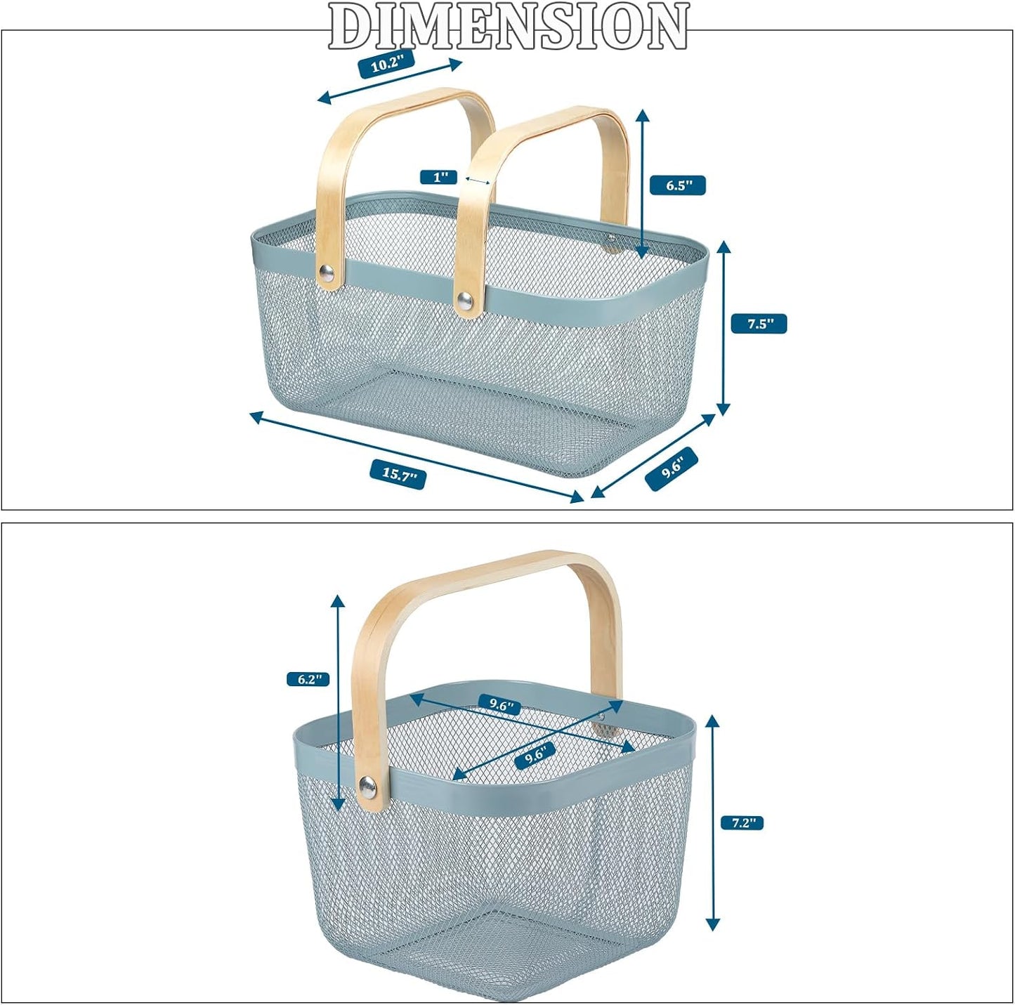 Coloful Metal Mesh Wire Basket with Foldable Wooden Handle,Bin Garden Fruit Vegetable Storage Hanging Harvest Holder for Kitchen Bathroom Picnic (Yellowish Green, Cuboid-15.7 x 9.5 x 7.2“)