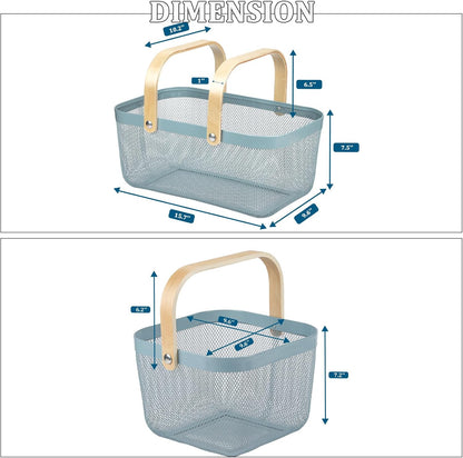 Coloful Metal Mesh Wire Basket with Foldable Wooden Handle,Bin Garden Fruit Vegetable Storage Hanging Harvest Holder for Kitchen Bathroom Picnic (Yellowish Green, Cuboid-15.7 x 9.5 x 7.2“)