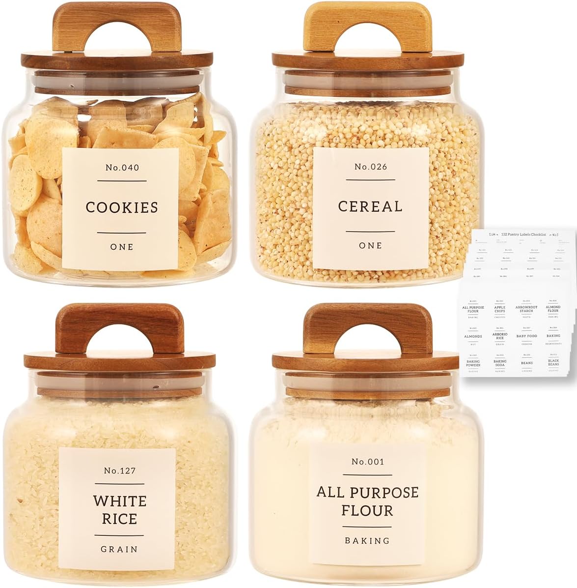2 Pack Large Glass Flour and Sugar Containers with 132 Pantry Labels - 64 FL OZ Glass Canisters with Bamboo Airtight Lids - Farmhouse Glass Cookie Jars for Rice, Pasta, Cereal, Bath Salt