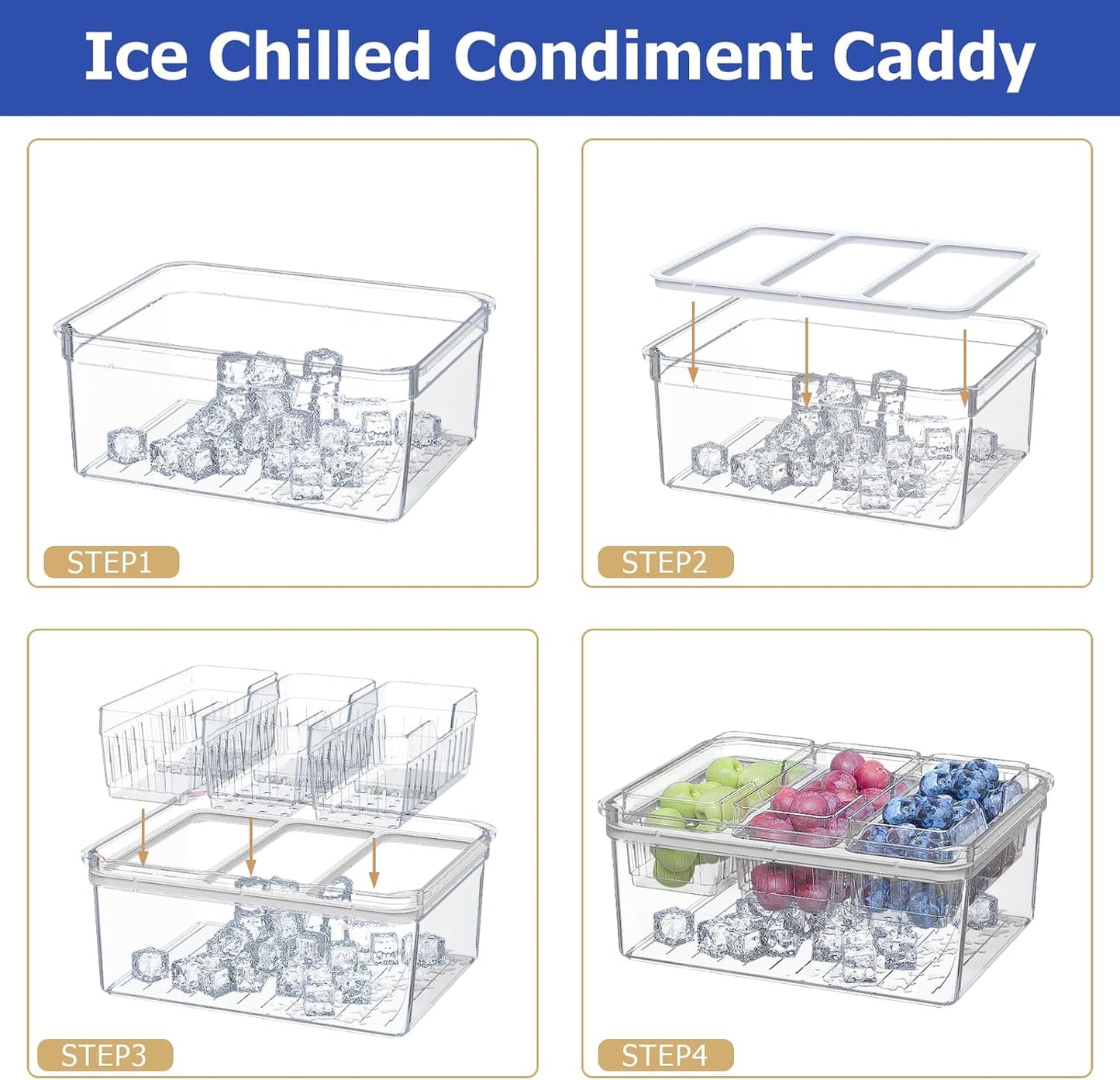 Sorgion Ice Chilled Condiment Caddy with Portable Handle, 5 Compartment Serving Tray with Built-in Bread Slicer and Ice Chamber, Clear Garnish Tray for Bar, Taco Party, BBQ, Picnic & Fruit Pink