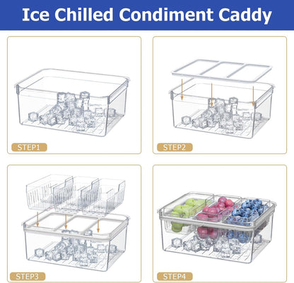 Sorgion Ice Chilled Condiment Caddy with Portable Handle, 5 Compartment Serving Tray with Built-in Bread Slicer and Ice Chamber, Clear Garnish Tray for Bar, Taco Party, BBQ, Picnic & Fruit Pink