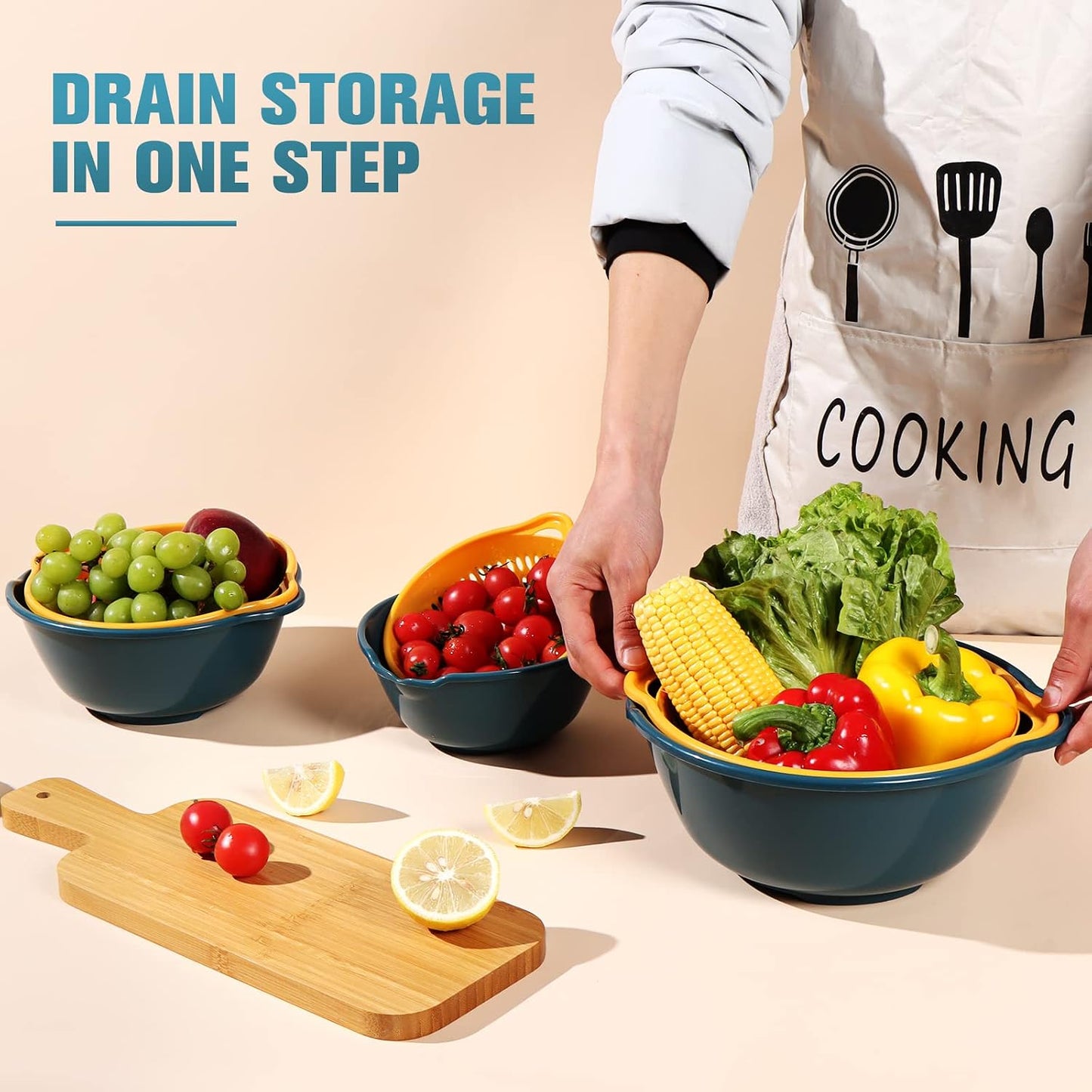 6 Pieces Colander with bowl, Food Strainer for Pasta Veggies and Fruits, BPA Free, Dishwasher Safe (blue)