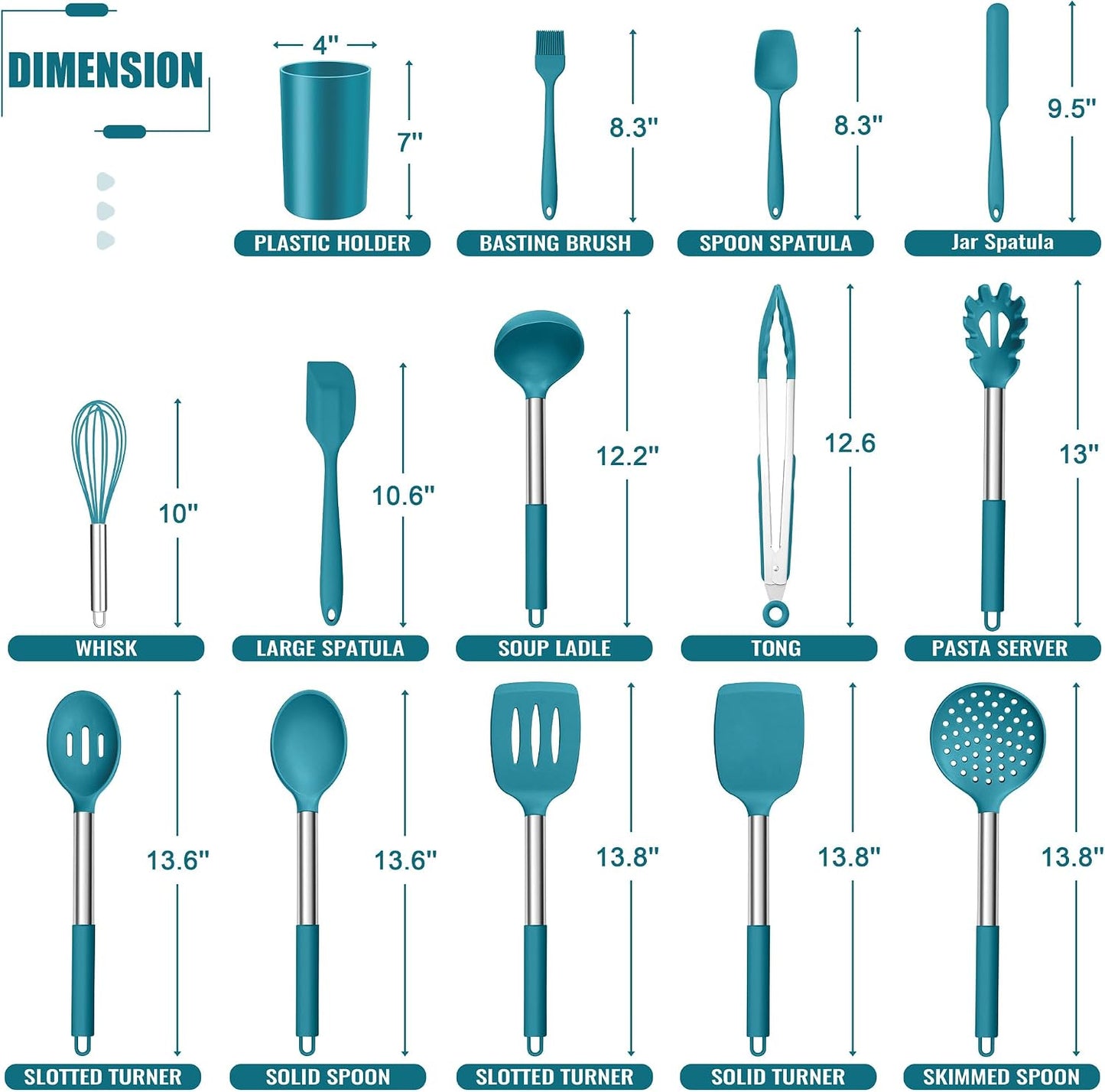 E-far 14 Pieces Silicone Cooking Utensils Set, Kitchen Utensils Set with Holder, Spatula, Ladle, Spoon, Tong, Slotted Turner for Nonstick Cookware, Heat Resistant & Stainless Steel Handle, Black