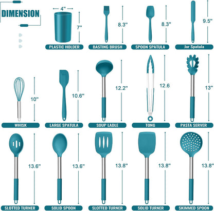 E-far 14 Pieces Silicone Cooking Utensils Set, Kitchen Utensils Set with Holder, Spatula, Ladle, Spoon, Tong, Slotted Turner for Nonstick Cookware, Heat Resistant & Stainless Steel Handle, Black