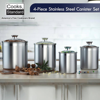 Cooks Standard Classic Stainless Steel Food Jar Storage Canister Set Medium, Airtight Containers with Glass Lid for Tea Coffee Sugar Flour Pantry Kitchen Counter, 4-Piece