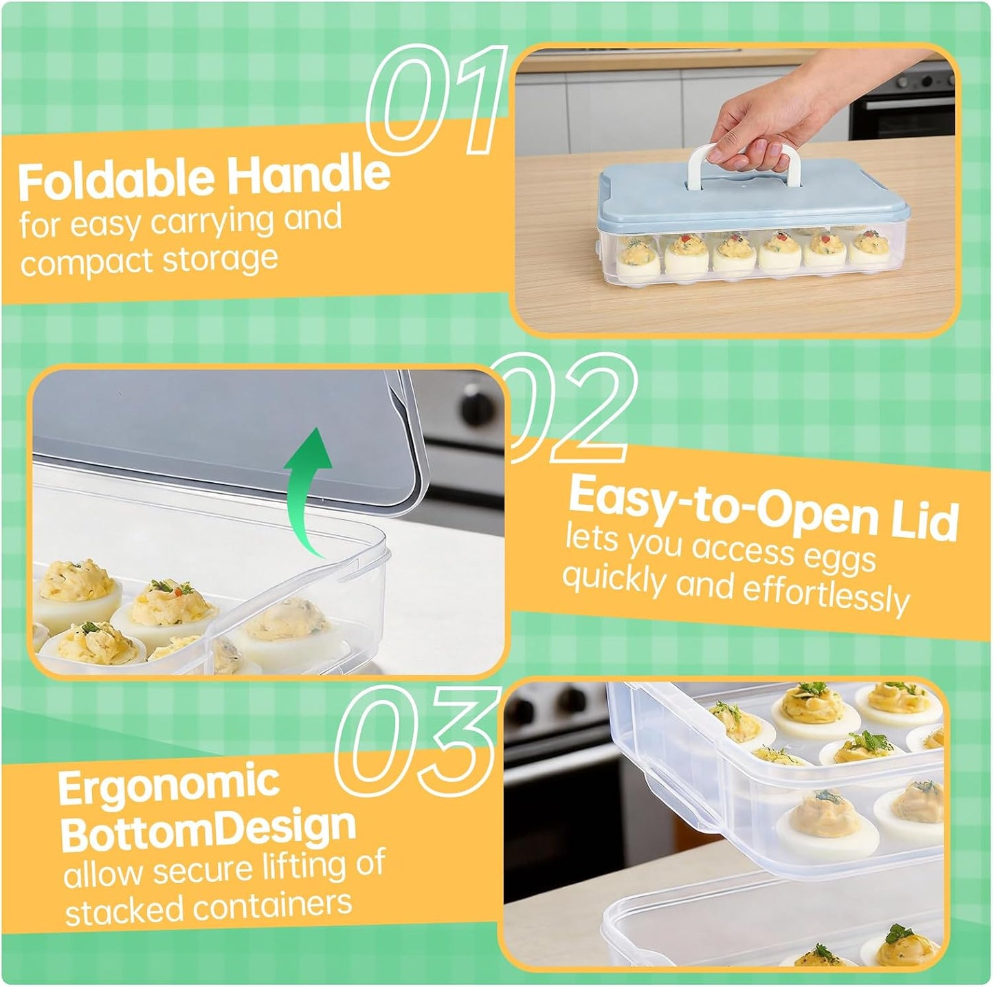 2 Pack Deviled Egg Containers with Lid, Stackable Deviled Egg Holder with Slots for 48 Eggs, Portable Clear Plastic Eggs Carrier with Handle, Perfect for Fridge Storage, Parties, Picnics, and Travel
