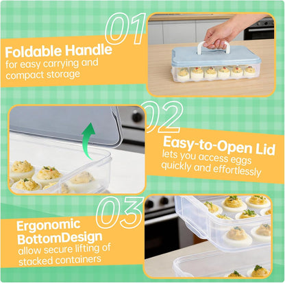 2 Pack Deviled Egg Containers with Lid, Stackable Deviled Egg Holder with Slots for 48 Eggs, Portable Clear Plastic Eggs Carrier with Handle, Perfect for Fridge Storage, Parties, Picnics, and Travel
