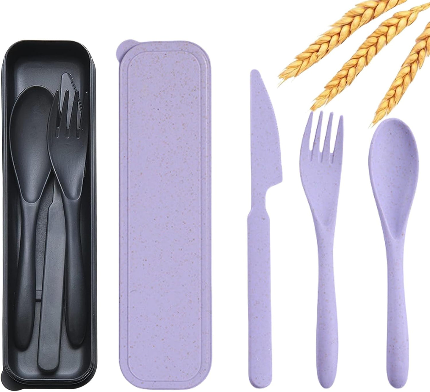 2 Pack Travel Utensils Set with Case, Wheat Straw Reusable Cutlery Set, Portable Spoon Knife Fork Tableware for Lunch Box, Picnic, Camping, Office, BPA Free for Adults Kids