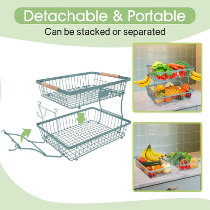 Fruit Basket Bowl 2 Tier Detachable with 2 Banana Hangers, Fruit Stand Holder for Kitchen Countertop, Metal Wire Vegetable Storage Organizer, for Bread Snack Veggies Produce, Black
