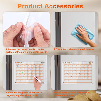 Magnetic Acrylic Clear Fridge Calendar Planner Note Board Set for Fridge,8Colors Markers,Erase Towel (Clear, Monthly & Weekly)
