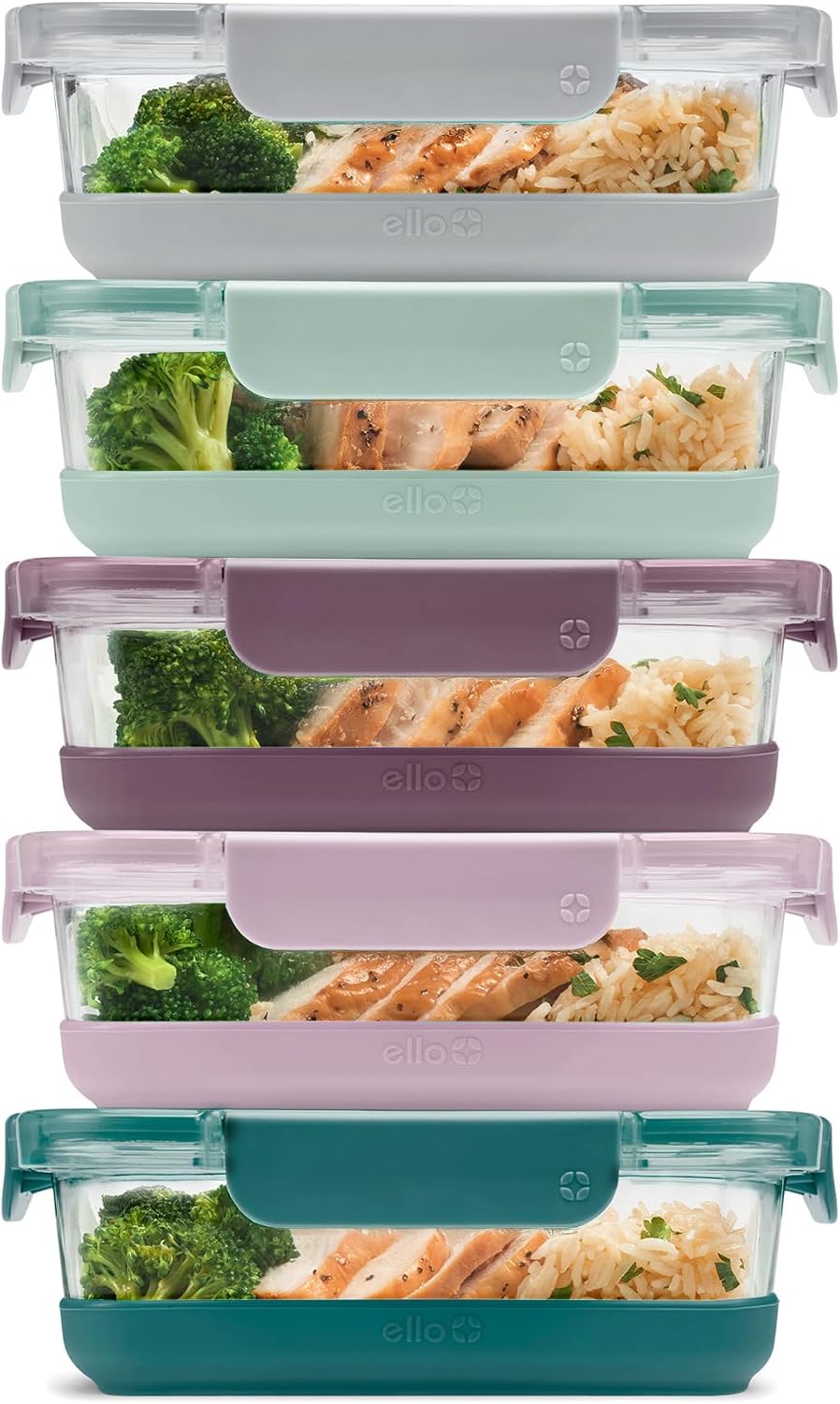 Ello Duraglass 3.4 Cup Meal Prep Sets 10Pc, 5 Pack Set- Glass Food Storage Container with Silicone Sleeve and Airtight BPA-Free Plastic Lids, Dishwasher, Microwave, and Freezer Safe, Olive Tree
