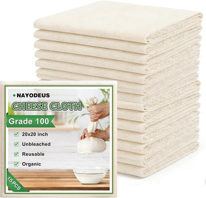 Reusable Cheese Cloths, Organic Cotton Cheese Cloths 20x20 inches, Suitable For Filtering, With Edges, Cheese-Making, Juicing, Baking and Turkey Cooking.