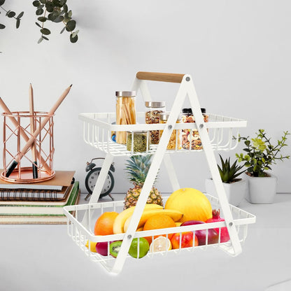 mahueeol 2-Tier Countertop Fruit Basket, Detachable Metal Rectangular Fruit Bowl with Portable Wooden Handle, Multi-Purpose Storage Organizer for Kitchen, Dining Room, Fruits,Vegetables,Bread & Snacks