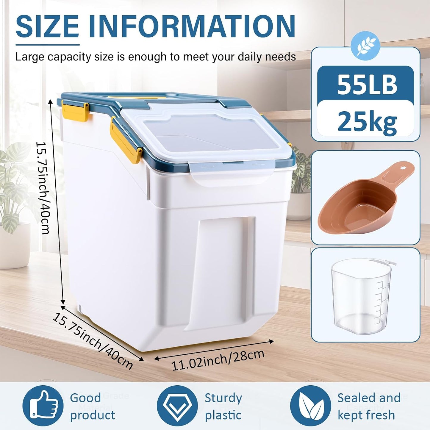 Umigy 4 Pcs 55lbs Large Dog Food Storage Container Rice Flour Bin Plastic Boxes with Measuring Cup Airtight Flour Grain Cereal Sugar Storage Container with Locking Lid and Wheels
